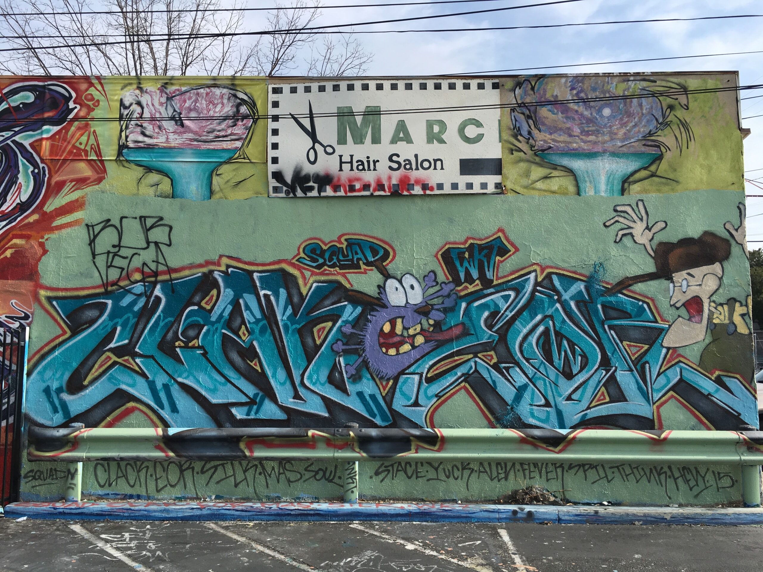Wildstyle graffiti burner by SQUAD and WKT on North Figueroa Street, Los Angeles, 2016