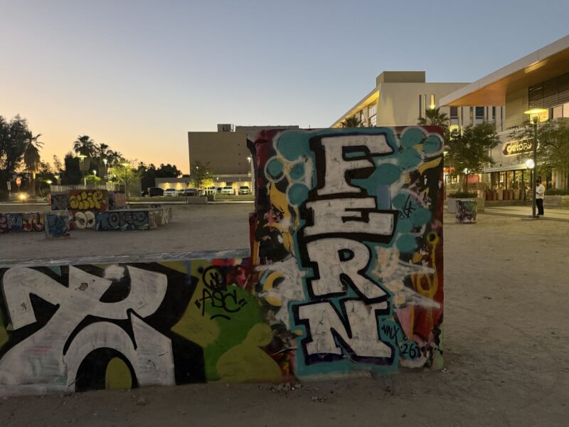 Block letter graffiti piece by FERN on concrete skatepark block, Museum Way, Palm Springs, 2026