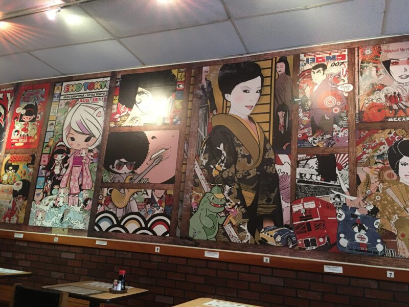 Printed poster collage mural inside Japanese restaurant on East 1st Street, Los Angeles, 2016