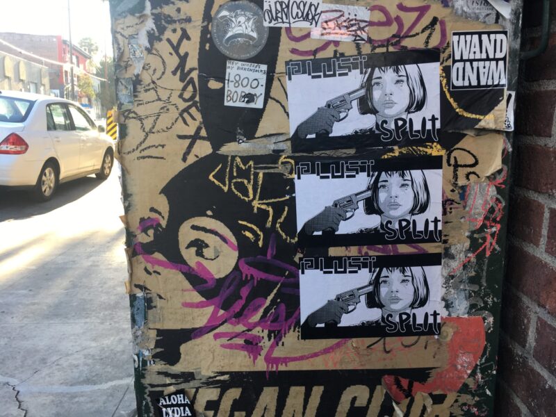 PLUST halftone paste-up posters on utility pole, Traction Avenue, Los Angeles, 2016