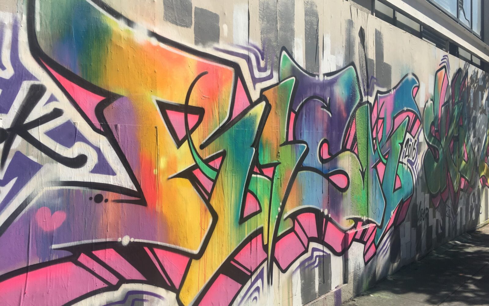 Wildstyle graffiti burner on concrete wall, East 3rd Street, Los Angeles, 2016