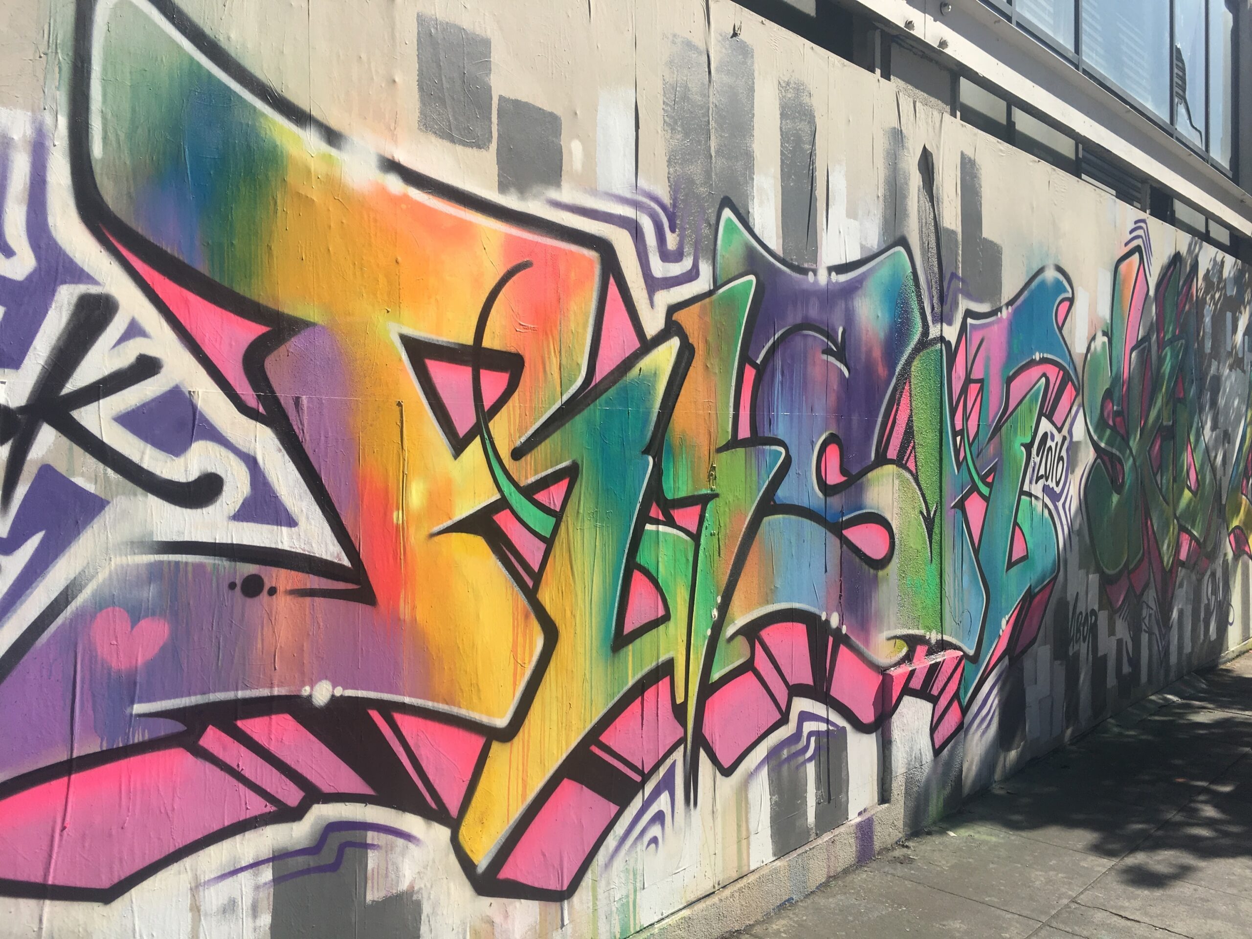 Wildstyle graffiti burner on concrete wall, East 3rd Street, Los Angeles, 2016