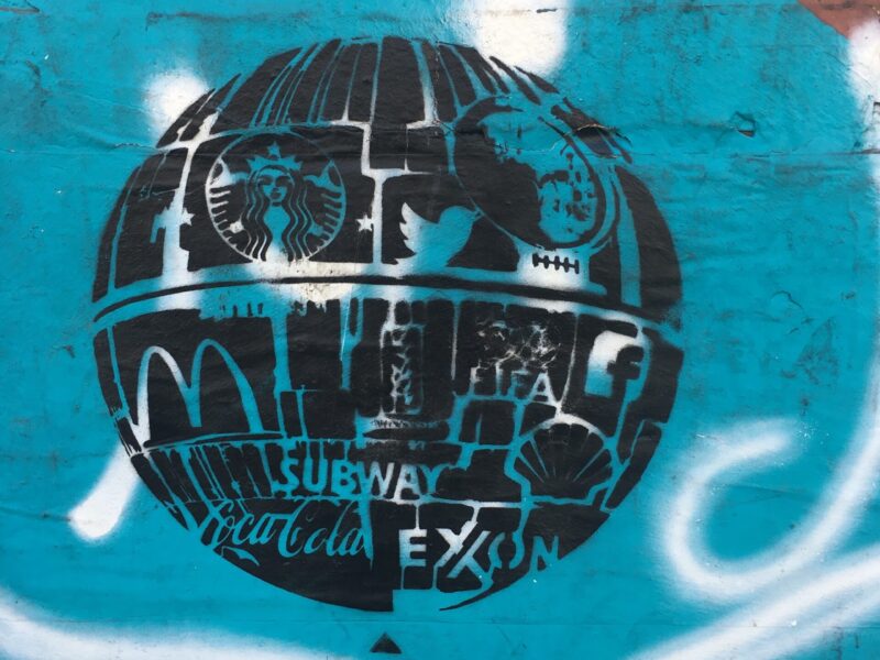 CRISP stencil street art globe on Traction Avenue, Los Angeles, 2016