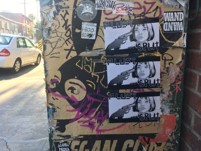 PLUS1 SPLIT paste-up poster street art on Traction Avenue, Los Angeles, 2016